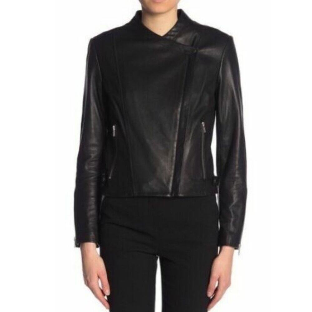 THEORY Phelan R Black Lambskin Leather Moto Jacket L
